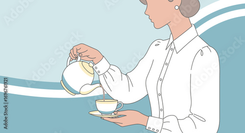 Elegant Woman Pouring Tea, Minimalist Illustration For Tranquil Moments And Relaxation.