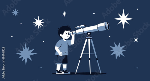 Curious Child Gazing Through Telescope Discovering Celestial Wonders Under Starry Night Sky