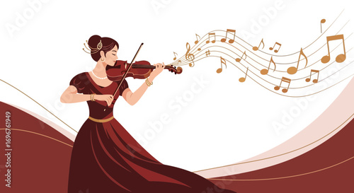 Elegant Woman Playing Violin with Floating Musical Notes and Artistic Composition
