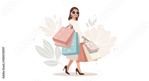 Elegant Woman Smiling While Carrying Shopping Bags with Floral Background, Illustration