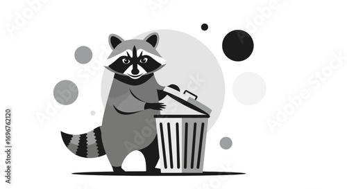 Curious Raccoon Investigates Trash Can In Monochromatic Illustration with Decorative Elements