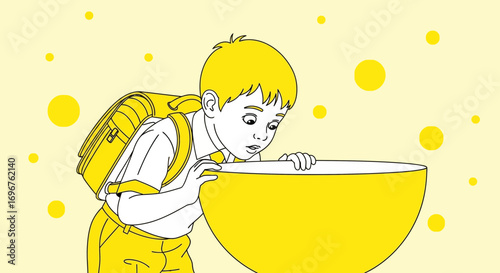 Curious Schoolboy Staring Into Oversized Bowl With Yellow Accents And Bubbles
