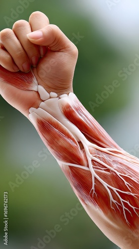 Detailed anatomy of human arm muscles and tendons shown in flexed position against a blurred natural background highlighting structure and function