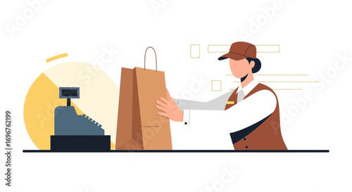 Customer Receiving Shopping Bag From Retail Worker At Counter In Minimalist Illustration