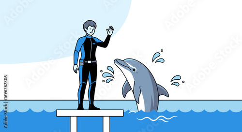 Encounter Between A Trainer and A Playful Dolphin Displaying Friendship in Vector Art