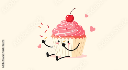 Cute Cartoon Cupcake With Cherry And Sprinkles Design For Sweet-tooth Content And Food Blogs
