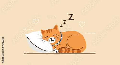 Cute Cat Sleeping Peacefully, Embracing a Comfortable Pillow, Dreamy Illustration.