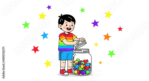 Cute Child Opening Candy Jar Filled With Colorful Sweets And Star Decorations