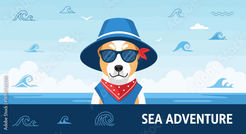 Cute Dog Dressed For Summer Seaside Journey Enjoying Coastal Landscapes And Waves