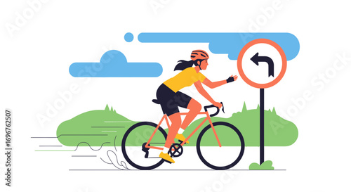 Cycling Adventure Girl Signaling Left Turn On Modern Road Beside Road Sign