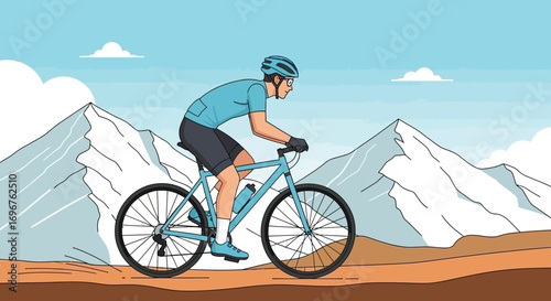 Cycling Adventure in Mountains, Illustration of a Cyclist Climbing a Mountain
