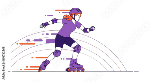 Energetic Female Rollerblader in Action, Illustration Depicting Speed and Motion on White