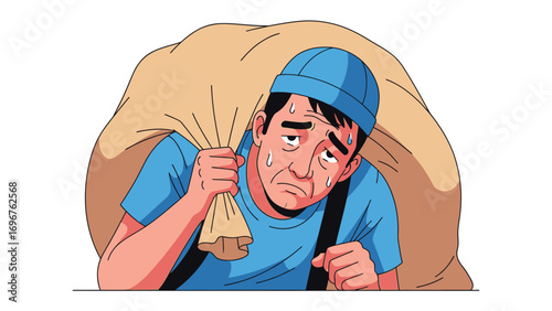 Struggling Worker's Burden: An illustration shows a weary worker burdened by a heavy sack, highlighting themes of hardship and physical strain.