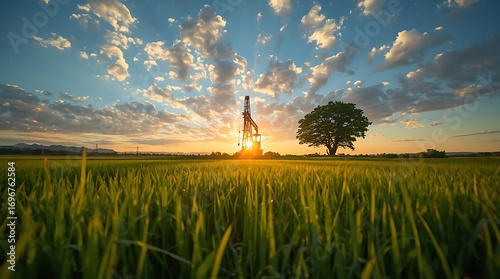 Oil and gas a land rig, onshore drilling rig, in the middle of a rice field aerial view from a drone, An oil rig in the middle of a green field during, created with generative ai