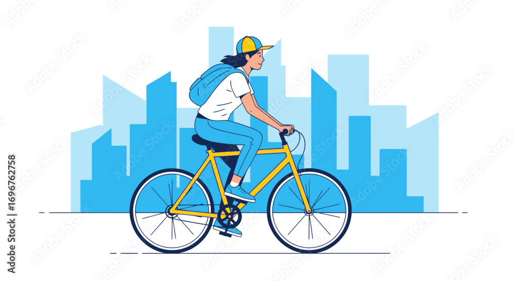 Fototapeta premium Cyclist In The City Wearing A Backpack And Cap Enjoying The Urban Ride