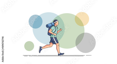 Energetic Hiker Running With Backpack Across Colorful Gradient Background