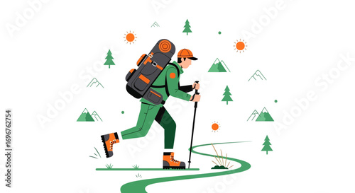 Energetic Hiker Embarks On An Adventure Through Mountainous Scenery At Dawn