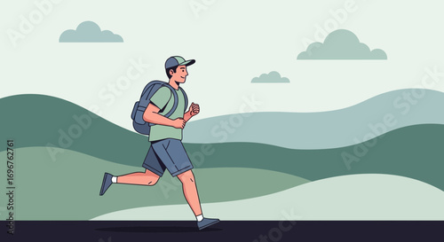 Energetic Hiker Enjoying A Refreshing Outdoor Run Through Rolling Green Landscape