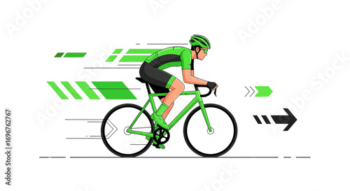 Cyclist In Green Attire Racing Swiftly on a Bicycle Against a White Backdrop