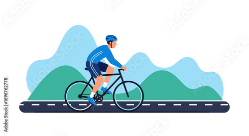 Cyclist Pedaling Along Winding Road With Mountainous Backdrop In Vibrant Illustration