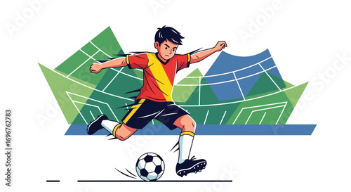 Energetic Illustration Of A Soccer Player Kicking The Ball Towards The Goal, In Action