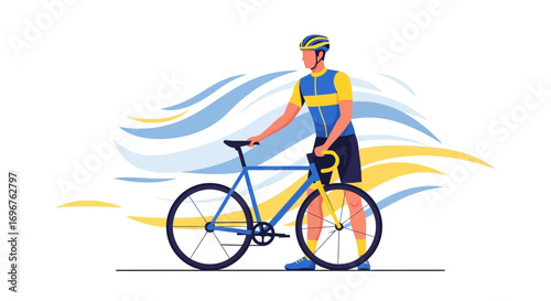 Cyclist Posing Near a Bicycle Against Swirling Abstract Background Graphics