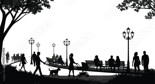 Silhouette of People Walking, Sitting on Benches, Pushing Baby Stroller, and Walking Dog in Urban Park with Trees