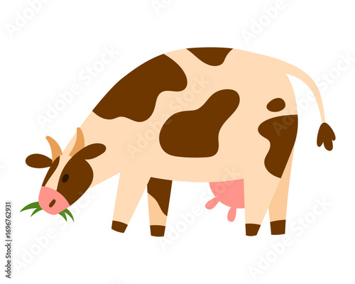 Playful spotted dairy cow leaping with curved tail and visible udder chewing grass, simple flat style, isolated on white. Ideal for farm, milk, and kids projects