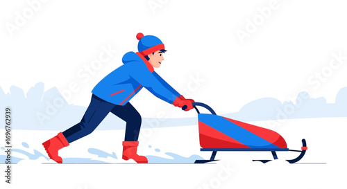 Energetic Person Pushing a Sled Through Snowy Landscape Engaging In Winter Activities