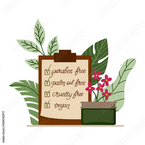 Clipboard checklist for ethical skincare - paraben free, palm oil free, cruelty free, vegan. Cosmetic jar and leaves emphasize natural, sustainable beauty, isolated on white