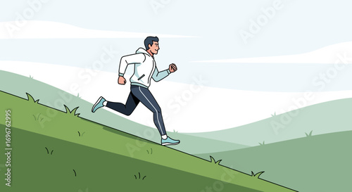 Energetic Runner Ascending a Grassy Slope Depicting Commitment and Outdoor Activity