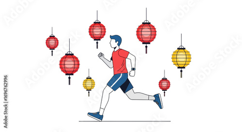 Energetic Runner Amidst Lanterns Depicting Celebration and Vigorous Movement