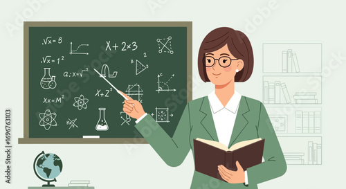 Dedicated Educator Explaining Mathematical Concepts to Students with Illustrations on The Blackboard