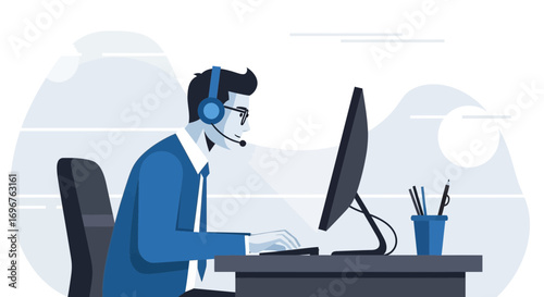 Dedicated Support Agent Providing Customer Service Via Computer and Headset Communication