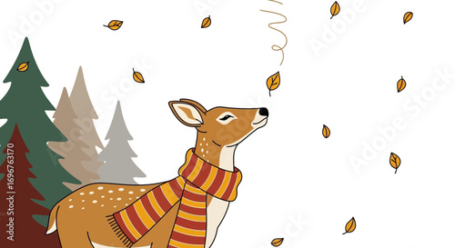 Deer With A Scarf Observing The Falling Leaves In A Forest Season Artwork