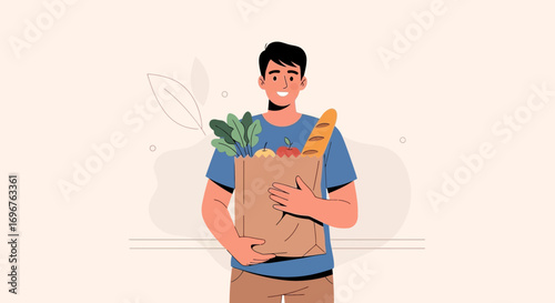 Delighted Individual Carrying Fresh Groceries, Smiling, Symbolizing Healthy Lifestyle