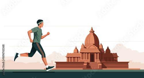 Energetic Runner Near Antique Building Illustrates Daily Fitness and Architectural Design