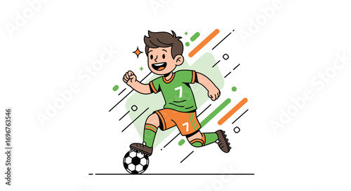Energetic Soccer Player Dribbling Football in Colorful Illustration and Athletic Action