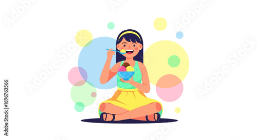 Delighted Young Woman Eating Ice Cream and Enjoying a Refreshing Sweet Treat