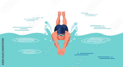 Energetic Swimmer Performing Diving Technique, Emphasizing Speed and Underwater Movement
