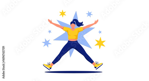 Energetic Woman Performs Jumping Jacks Against a Starburst Background, Fitness Illustration