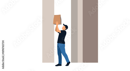 Delivery Person Holds Bag, Simplified Illustration Against Minimalist Backdrop Offering Convenience