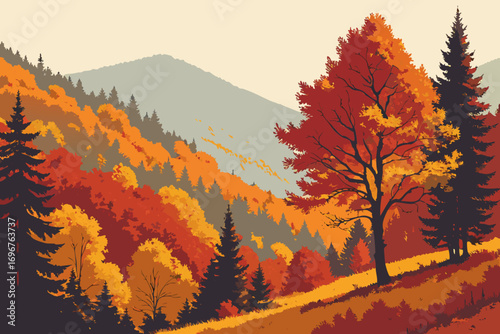 Autumn landscape with red trees and distant mountains, serene colorful scene