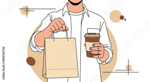 Delivery Person Holding Coffee And Bag, Representing Take-Out And Services