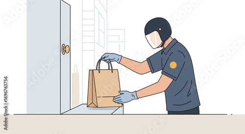 Delivery Person Standing At Doorstep Handing Shopping Bag After Ordering Online Anytime Anywhere