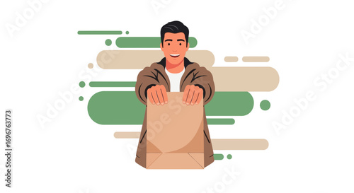 Delivery Person Offering Brown Paper Bag with Green And Beige Abstract Elements Design