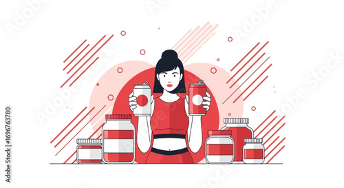 Energetic Woman Presenting Beverage Cans And Surrounding Supplement Jars With Background Design
