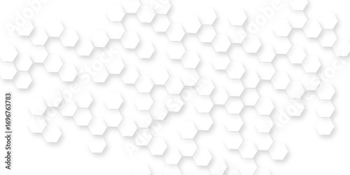 A pattern of white hexagon shapes arranged subtle shadows that create a three-dimensional, layered effect, the geometric repetition and depth of the hexagonal grid.