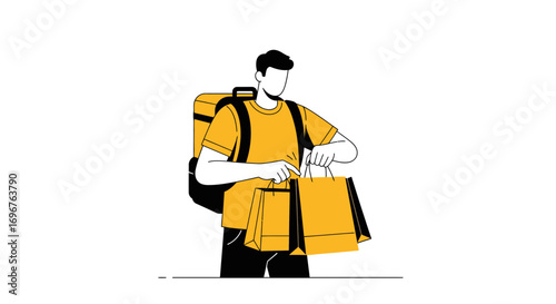 Delivery Person With Backpack Carrying Paper Bags Representing Food Order Service