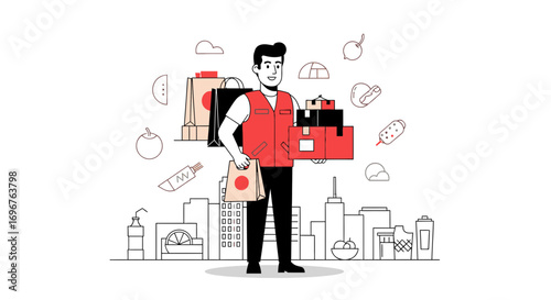 Delivery Professional in Graphic Minimalist Style Carrying Packages and Meal Bags, Cartoon